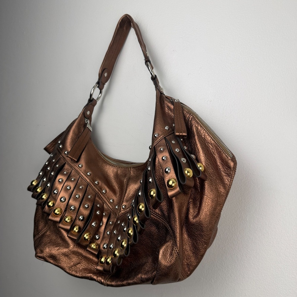 B. Makowsky Hobo Bag Women Metallic Bronze Leather Studded Fringe Shoulder Strap - Picture 5 of 16